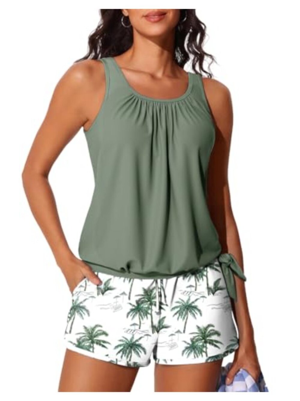 Blouson Tankini Swimsuits with Shorts Side-Tie Tummy Control Pockets